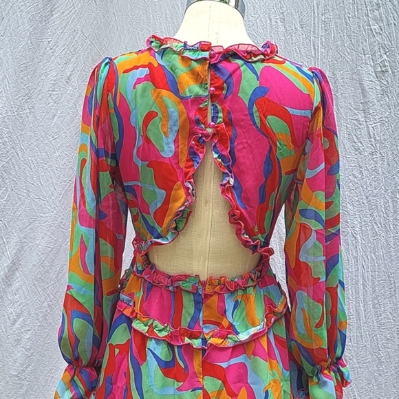 Ladies backless dress, v-neck, multicolor, sheer, lined, ruffle, boho,  M - Picture 8 of 14